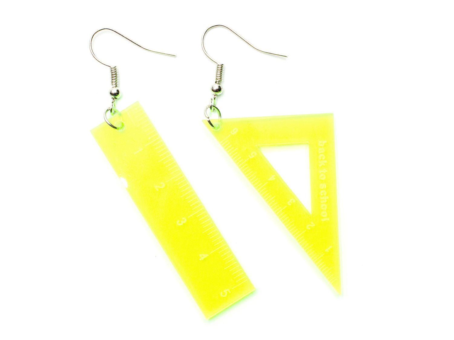 Lineal Geodreieck Ohrringe Miniblings Schule Mathe Geometrie Schulstart Neongelb von Miniblings