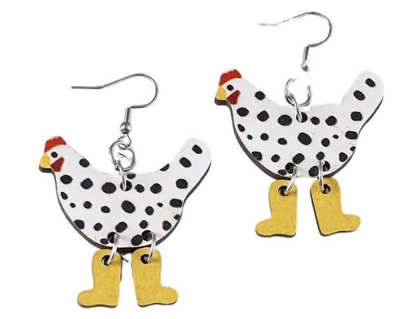 Lustiges Huhn Ohrringe Miniblings Hänger Ostern Holz Gepunktet Mit Gummistiefeln von Miniblings