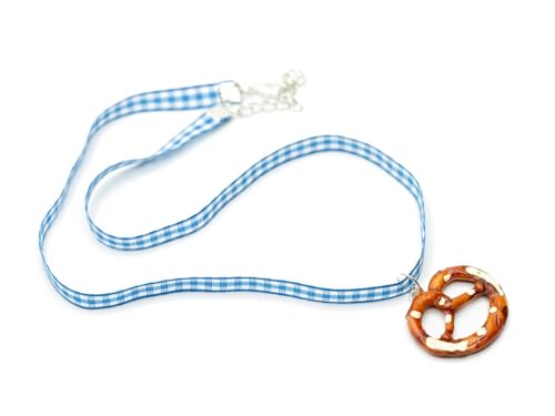 Miniblings Brezel Kette 50cm Wiesn Oktoberfest blau kariert - Handmade Modeschmuck | Anhänger | Halskette Stoffkette Gliederkette Silber von Miniblings