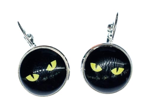 Miniblings Cabochon Katzenaugen Ohrringe - Handmade Modeschmuck I Katzenauge Katze Halloween Auge schwarz gelb - Ohrhänger Ohrschmuck versilbert von Miniblings