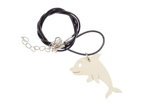 Miniblings Delfin Halskette Kette Holz Meerestier Fisch Meer Ozean Leder - Handmade Modeschmuck - Gliederkette versilbert von Miniblings