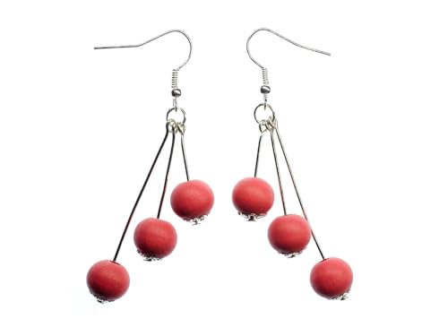 Miniblings Drei Rosa Holzperlen Ohrringe Hänger Ohrschmuck Kugel Perle rot Dangle - Handmade Modeschmuck I Ohrhänger Ohrschmuck versilbert von Miniblings