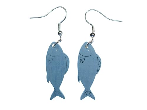 Miniblings Fische Ohrringe Fisch hölzern Holz dunkelblau - Handmade Modeschmuck I Ohrhänger Ohrschmuck versilbert von Miniblings