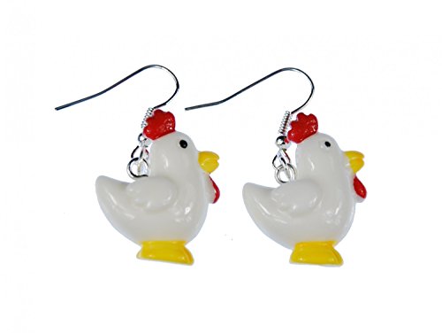 Miniblings Huhn Hühnchen Ohrringe Hänger Tier Vogel Ostern Hahn roter Kamm - Handmade Modeschmuck I Ohrhänger Ohrschmuck versilbert von Miniblings