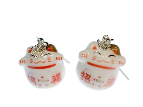 Miniblings Katze Winkekatze Glückskatze Ohrringe - Handmade Modeschmuck I Maneki-neko weiß rot Porzellan - Ohrhänger Ohrschmuck versilbert von Miniblings