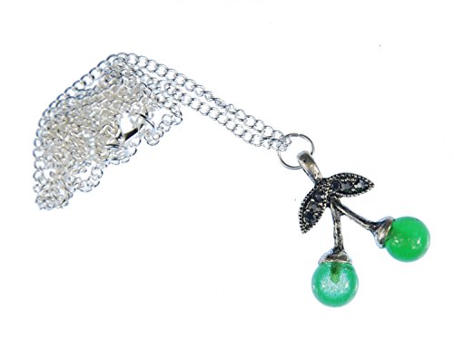 Miniblings Kirschen Kette Doppel grüne Glasperlen Kette 45cm Kirsche Perlen grün - Handmade Modeschmuck - Gliederkette versilbert von Miniblings
