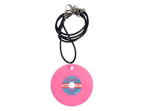 Miniblings Schallplatte Kette Halskette Leder 45cm DJ LP Vinyl neon pink - Handmade Modeschmuck - Gliederkette versilbert von Miniblings