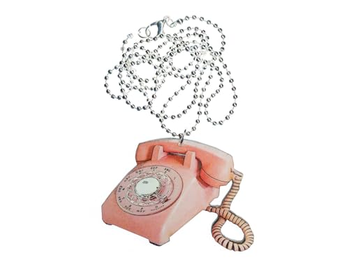 Miniblings Telefon Kette Halskette 80cm Scheibentelefon Holz Retro Vintage rosa - Handmade Modeschmuck - Kugelkette versilbert von Miniblings