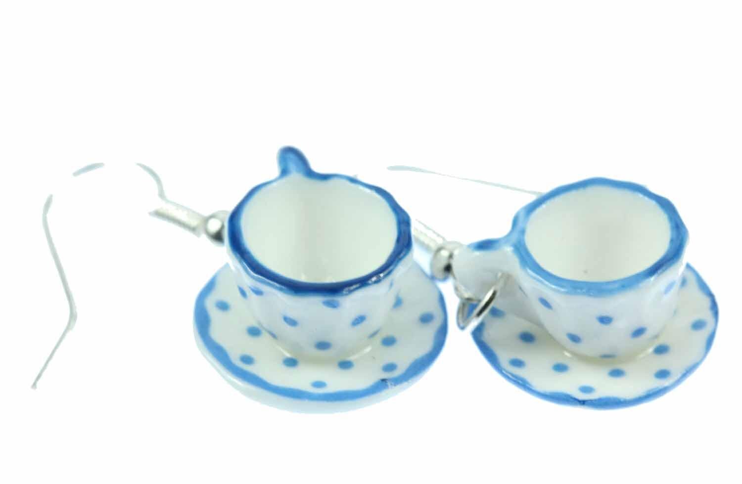 Tassen Teetassen Ohrringe Miniblings Hänger Tasse Kaffee Porzellan Punkte Blau von Miniblings