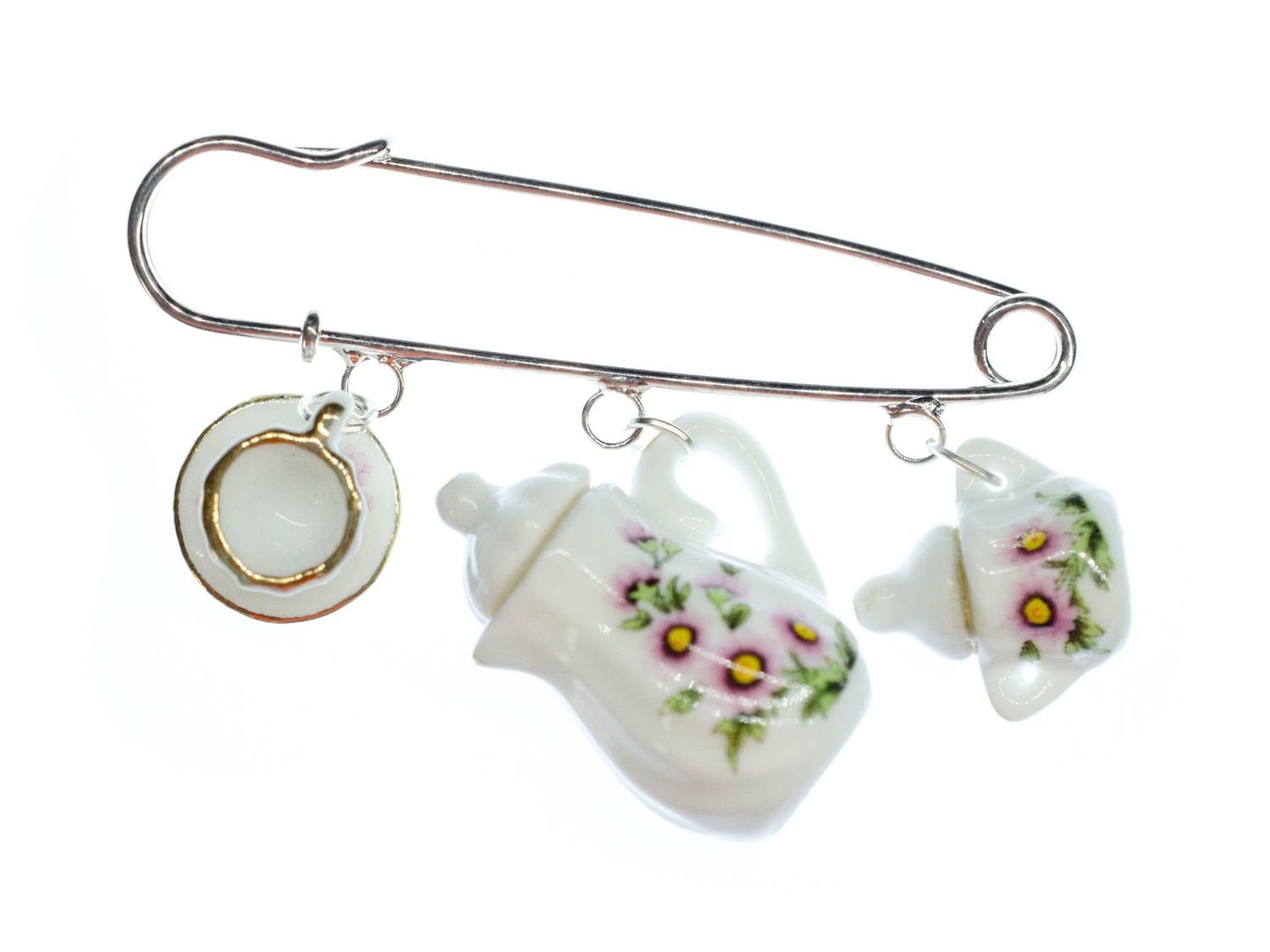 Teatime Brosche Anstecknadel Miniblings Anstecker Teekanne Tasse Kännchen Blumen von Miniblings