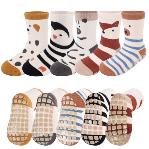 5 Paar Socken Baby Rutschfeste Socken Babysocken Kinder Anti Rutsch Socken Baumwolle Tiermotive Stoppersocken Baby Kleinkinder Rutschsocken Kleinkind Socken Baby for Toddlers Babies and Kids von Minicloss