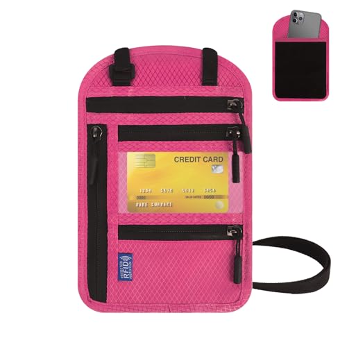 Brustbeutel Herren Dame Brusttasche mit RFID Schutz Rosa Reisepasstasche Reise Brusttasche Verstellbarem Halsriemen wasserdichte Passport Bag für Reisepass Smartphone Bargeld Kreditkarte Schlüssel von Minicloss