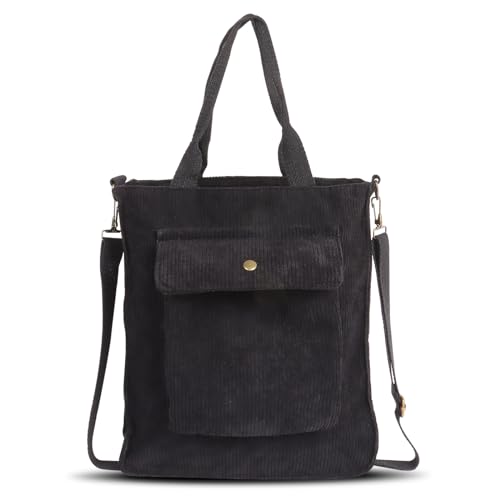 Cord Tasche Damen Umhängetasche mit Reißverschluss Schwarz, Shopper Lässige Tote Stofftasche Handtasche Schultertaschen Casual Crossbody Bag Verstellbarer Schultergurt für Arbeit Büro Reise Einkauf von Minicloss