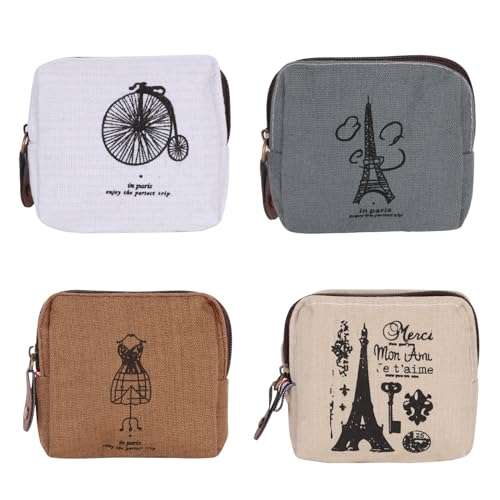 Geldbeutel Mini Kleines Portemonnaie Damen, 4 Stück Münzgeldbeutel Vintage, Coin Purse Täschchen Geldbeutel Canvas Münzgeldbeutel mit Reißverschluss und Muster für Damen Mädchen von Minicloss