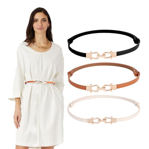 Minicloss 3er-Pack schmaler Taillengürtel Mode Damen Leder Skinny Dünner Taillengürtel Frauen Gürtel mit Gold metallschnalle Vielseitig einsetzbar Verstellbarer dünner für Kleid Hemd Anzug von Minicloss
