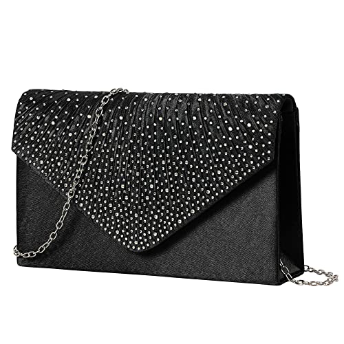 Damen Clutch Glitzer Elegant Abendtasche, Schwarz Satin Envelope Umhängetasche mit abnehmbarer Kette für Hochzeit Prom Party von Minicloss