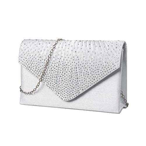 Damen Clutch Glitzer Elegant Abendtasche, Silber Satin Envelope Umhängetasche mit abnehmbarer Kette für Hochzeit Prom Party von Minicloss