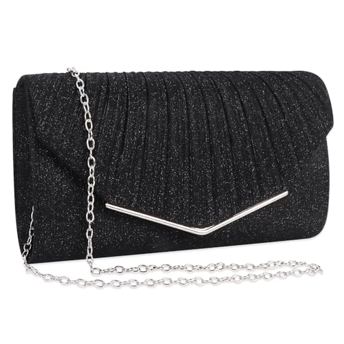 Minicloss Damen Abendtasche Schwarz Clutch Damen Brauttasche Kettentasche Elegant Damen Satin Clutch Funkelnde Kettenabendtasche Elegante Umschlagtasche für Ball Hochzeit Party und Hochzeit von Minicloss