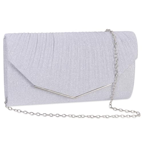 Minicloss Damen Abendtasche Silber Clutch Damen Brauttasche Kettentasche Elegant Damen Satin Clutch Funkelnde Kettenabendtasche Elegante Umschlagtasche für Ball Hochzeit Party und Hochzeit von Minicloss