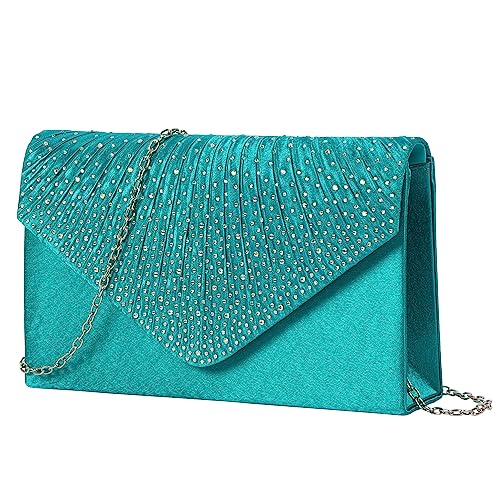 Minicloss Damen Clutch Glitzer Elegant Abendtasche, Türkis Satin Envelope Umhängetasche mit abnehmbarer Kette für Hochzeit Prom Party (Türkis) von Minicloss