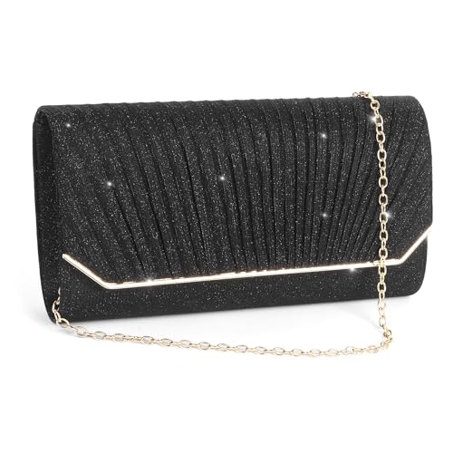 Damen Clutches, Glitzer Abendtasche für Damen, Glänzende Elegante Envelope Crossbody Kettentasche mit Abnehmbarer Kette, Pailletten Schultertaschen Handtasche für Hochzeit, Party, Bankett Schwarz von Minicloss