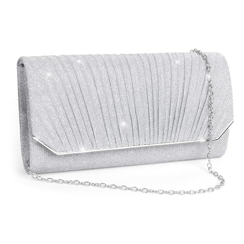 Damen Clutches, Abendtasche für Damen Glitzer, Glänzende Elegante Envelope Crossbody Kettentasche mit Abnehmbarer Kette, Pailletten Schultertaschen Handtasche für Hochzeit, Party, Bankett Silber von Minicloss