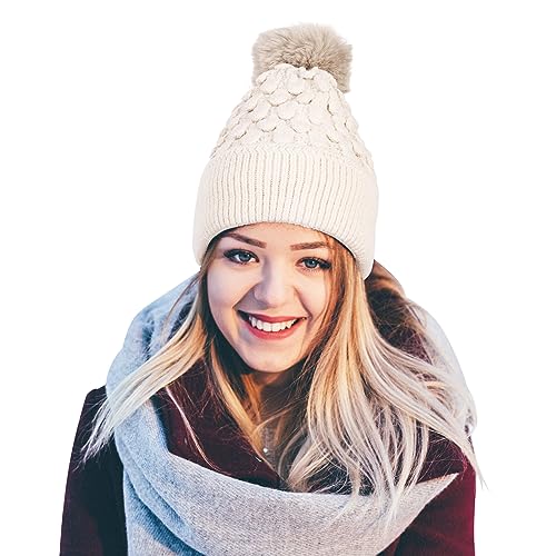 Minicloss Strickmütze Damen Zopfmuster Beige Wintermütze Bommel Plüsch Dick gefütterte Winter Mütze Damenmütze Gehörschutz Wärme Winter-Mütze Slouch Strick Beanie von Minicloss