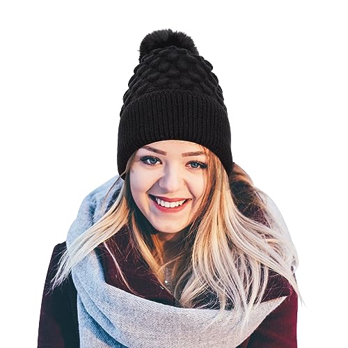 Minicloss Strickmütze Damen Zopfmuster Schwarz Wintermütze Bommel Plüsch Dick gefütterte Winter Mütze Damenmütze Gehörschutz Wärme Winter-Mütze Slouch Strick Beanie von Minicloss