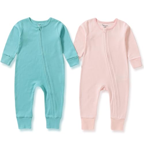 Minicoco Baby 2pcs Strampler Set aus Bio-Baumwolle für Neugeborene Mädchen Jungen Langarm Strampler Body Babykleidung Ohne Füße (Grün-Blau + Hellrosa, 0-3 Monate) von Minicoco