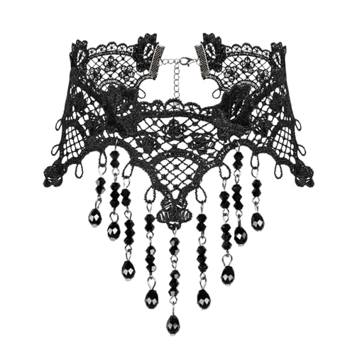 Minicoco Halloween Spitze Choker Quaste Retro Schwarz Gothic Tattoo Spitze Schwarz Quaste Kristall Dekoration für Frauen und Mädchen von Minicoco
