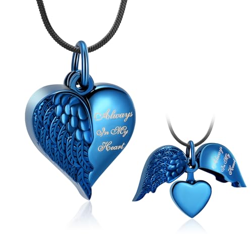 Minicremation Herz-Urnen-Halsketten-Anhänger für Asche, Engelsflügel, Einäscherungsschmuck für Damen und Herren, Andenken, Asche, Schmuck mit Aufschrift "Always in my Mind Forever in my Heart", von Minicremation