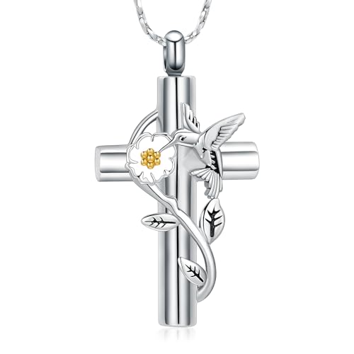 Minicremation Kolibri Rose Blume Kreuz Einäscherung Schmuck für Asche religiöses Kreuz Urne Anhänger Halskette für Asche Halskette Andenken Urne für Damen Herren, Edelstahl, Zirkonia von Minicremation