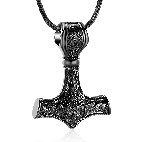 Minicremation Mjolnir Thors Hammer Urnenhalskette für Asche für Männer Keltischer Nordischer Wikinger Einäscherungsschmuck für Frauen Andenken Gedenk Asche Anhänger (Schwarz) von Minicremation