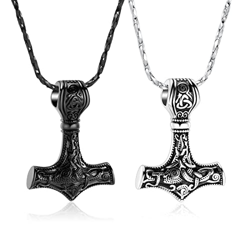 Minicremation Mjolnir Thors Hammer Urnenhalskette für Asche für Männer Keltischer Nordischer Wikinger Einäscherungsschmuck für Frauen Andenken Gedenk Asche Anhänger (Silber-Schwarz 2Pcs) von Minicremation