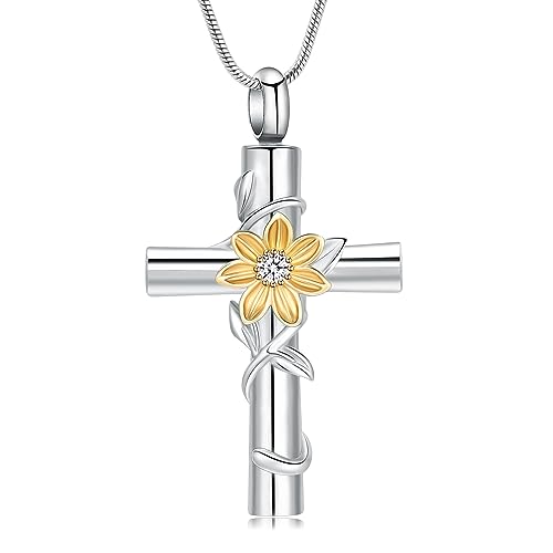 Minicremation Sonnenblumenkreuz-Urnen-Halskette für Damen und Herren, Einäscherungsschmuck für Asche, Urnen-Halskette für Asche, Gedenkanhänger, Andenken, Geschenk, Edelstahl, Zirkonia von Minicremation