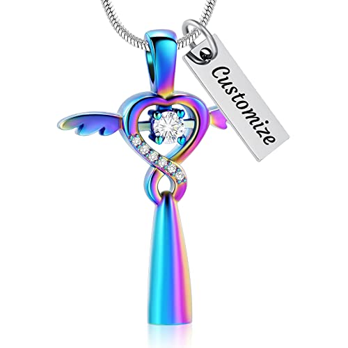 Minicremation Unendlichkeits-Flügel-Schmuck für Asche für Damen und Herren, Kristallkreuz, Urnen-Halskette mit Zirkonia, Andenken, Geschenk, Edelstahl, Zirkonia von Minicremation