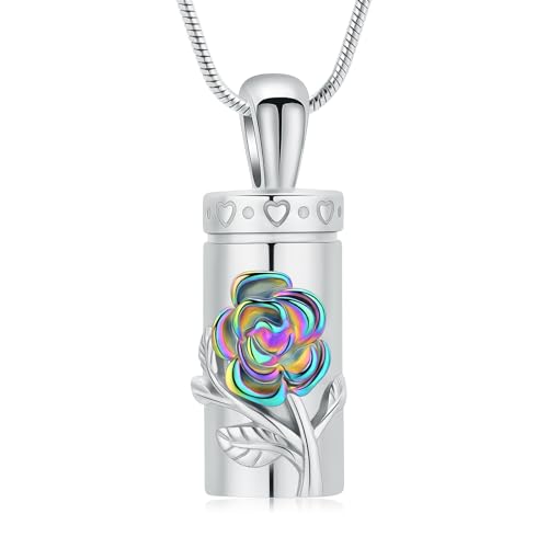 Minicremation Urnen-Halskette mit Rosenblüten für Asche, Edelstahl, Zylinder-Phiole für Damen und Herren, Asche, Halskette, Andenken, Schmuck, Geschenke, Edelstahl, Zirkonia von Minicremation