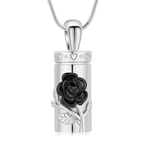 Minicremation Urnen-Halskette mit Rosenblüten für Asche, Edelstahl, Zylinder-Phiole für Damen und Herren, Asche, Halskette, Andenken, Schmuck, Geschenke, Edelstahl, Zirkonia von Minicremation