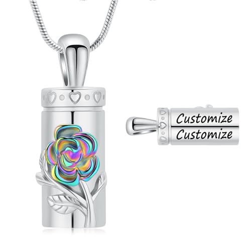 Minicremation Urnen-Halskette mit Rosenblüten für Asche, Edelstahl, Zylinder-Phiole für Damen und Herren, Asche, Halskette, Andenken, Schmuck, Geschenke, Edelstahl, Zirkonia von Minicremation