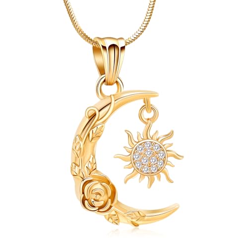 Minicremation Urnen-Schmuck für Asche, Halbmond-Sonne und Mond, Urnen-Halsketten für Asche, Halbmond, Rose, Einäscherungsschmuck für Damen und Herren, Gedenk-Asche-Anhänger, Edelstahl, Zirkonia von Minicremation