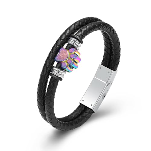 Minicremation Urnenarmband für Asche für Männer und Frauen, Pfotenabdruck, geflochtenes Echtleder-Urnenarmband für menschliches Gedenkgeschenk, 18cm/7.08", Edelstahl, Kein Edelstein von Minicremation