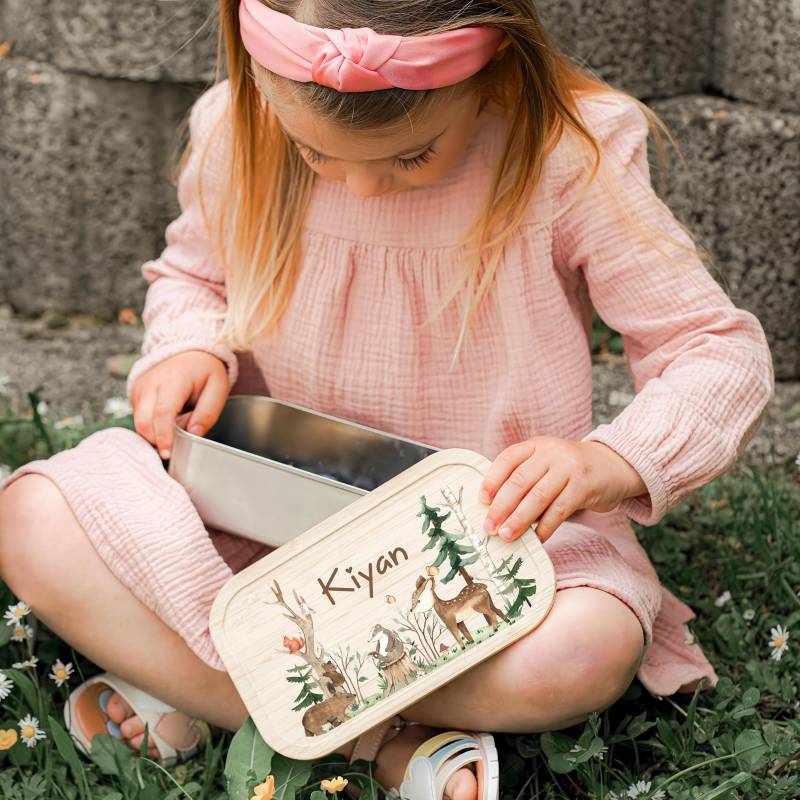 Personalisierte Brotdose Geschenk Einschulung - Edelstahl Lunchbox Namen Kindergarten Kita Schule Bambusdeckel Nachhaltig Kinder von Minihelden