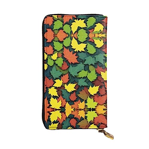 Miniks Colorful Leaf Damen-Geldbörse, Leder, lang, Reisegeldbörse, Kreditkartenetui mit Reißverschluss, Buntes Blatt, Einheitsgröße von Miniks