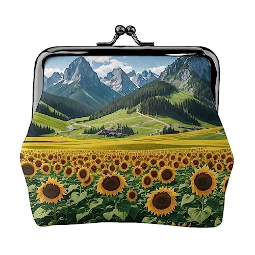 Münzgeldbörse mit Sonnenblume über den Bergen und Feldern, bedruckt, Leder, Kussschloss, Münzbeutel, Verschluss für Damen und Mädchen, Sonnenblume über den Bergen und Feldern, Einheitsgröße, Buckle von Miniks