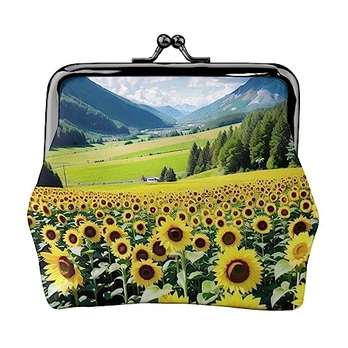 Münzgeldbörse mit Sonnenblume über den Bergen und Feldern, bedruckt, Leder, Kussschloss, Münzbeutel, Verschluss für Damen und Mädchen, Sonnenblume über den Bergen und Feldern, Einheitsgröße, Buckle von Miniks