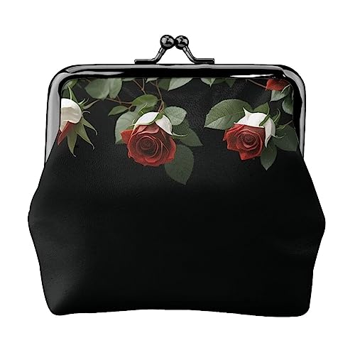 Münzgeldbörse mit roter Rose und Blumendruck, Leder, Kussschloss, Münzbeutel, Verschluss für Damen und Mädchen, Rose, Rot, Einheitsgröße, Buckle Kiss-Lock-Münzgeldbörse von Miniks