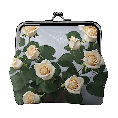 Münzgeldbörse mit weißen Blumen bedruckt, Leder, Kussschloss, Münzbeutel, Verschluss für Damen und Mädchen, Weiße/Blumen, Einheitsgröße, Buckle Kiss-Lock-Münzgeldbörse von Miniks