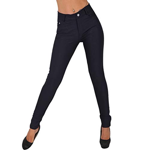 Minilady Hose breiter Bund Strass Treggings Leggings Röhre Stoff Leggins Knopf 9934 (Blau, S/M 36/38) von Minilady