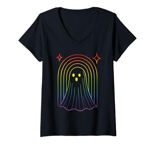 Damen Minimalistische Boho Ghost Line Art Rainbow LGBTQ T-Shirt mit V-Ausschnitt Damen Minimalistische Boho Ghost Line Art Rainbow LGBTQ T-Shirt mit V-Ausschnitt von Minimal 70s Groovy Rainbow Ghost Line Art Design