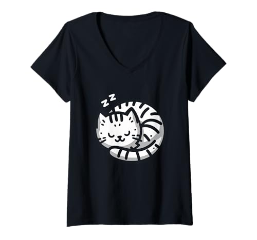 Damen Cartoon Sleepy Cat - Minimal Black Line Art Cat T-Shirt mit V-Ausschnitt von Minimal Black Line Cat